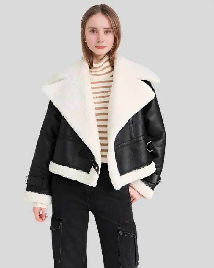 Ariana Shearling Lined Black Aviator Jacket