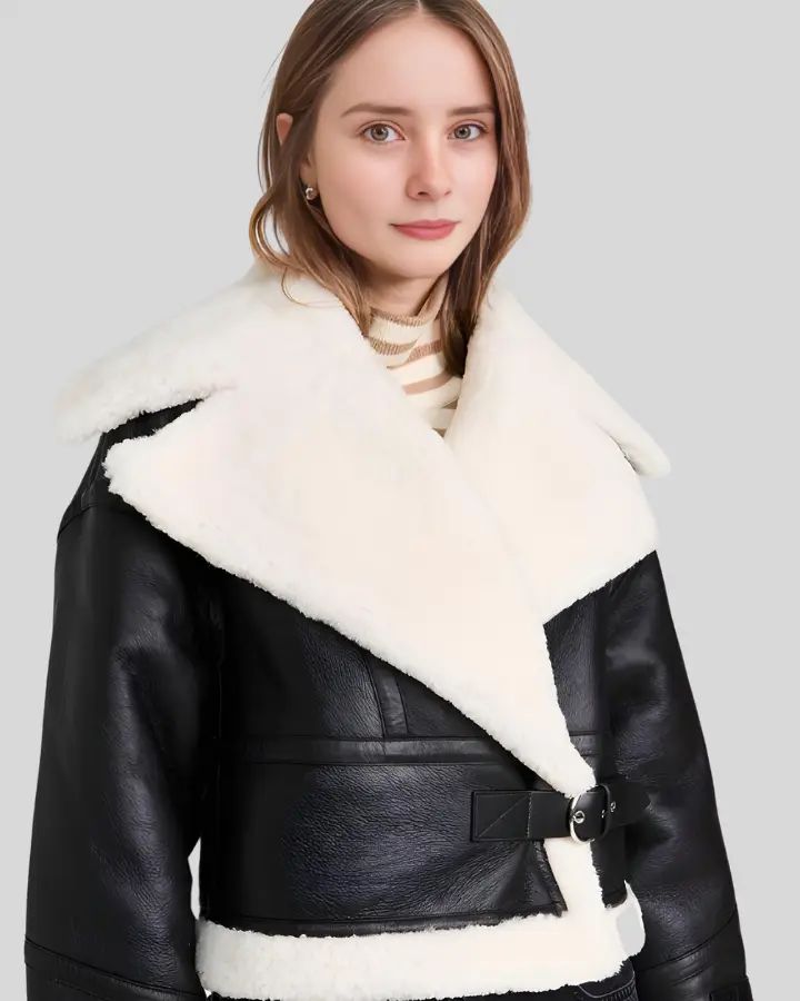 Ariana Shearling Lined Black Aviator Jacket