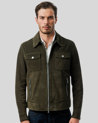 Atlas olive green leather jacket front view