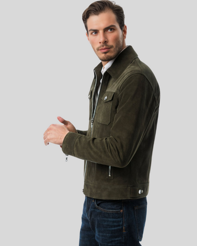 Atlas olive green leather jacket side view