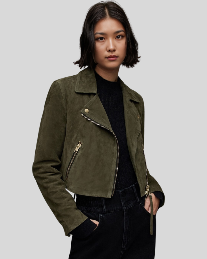 Women Beyza Olive Green Suede Biker Leather Jacket Made to Measure Women s Leather Jackets 100 Real Leather NYC Leather Jackets