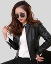 City Sleek Women's Fitted Black Leather Jacket with Textured Sleeves 1