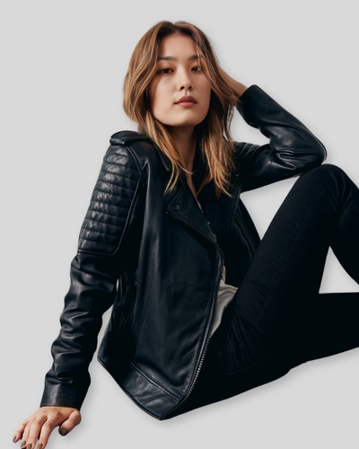 Woman in Raven Black Quilted Biker Leather Jacket sitting casually