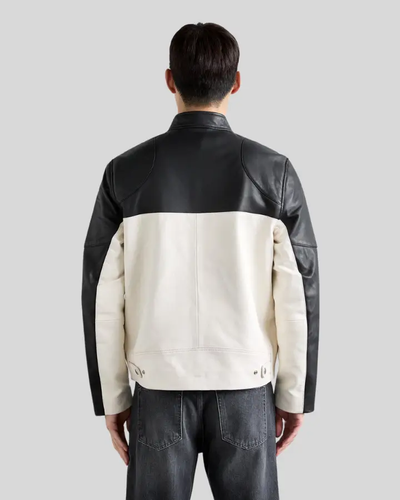 Luca black and white leather racer jacket back view