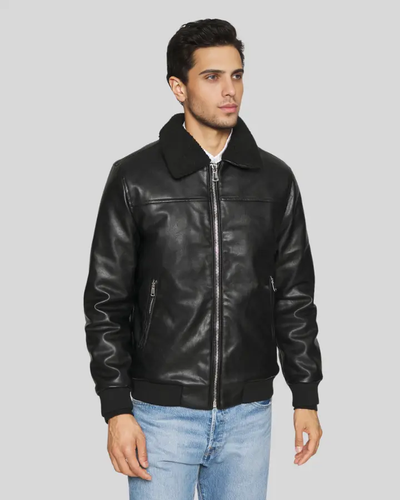 Jett Black Bomber Leather Jacket worn by model