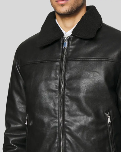 Close-up of Jett Black Bomber Leather Jacket