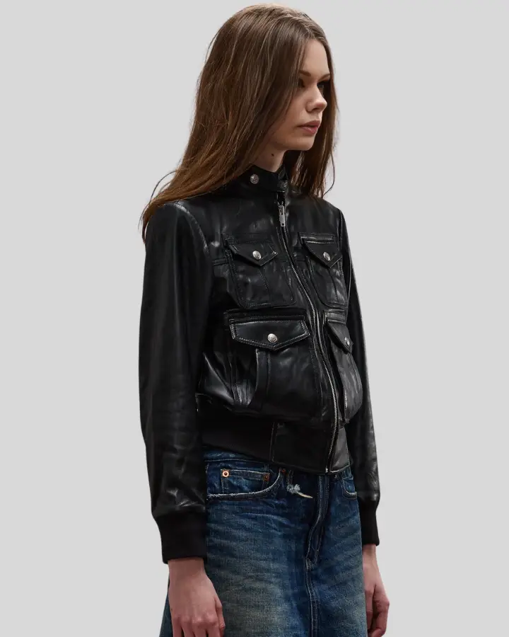 Emma black leather bomber jacket with four-pocket design