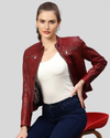 Hazal Red Racer Leather Jacket styled with white top