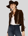 Maria Brown suede jacket with fringe and star studs.