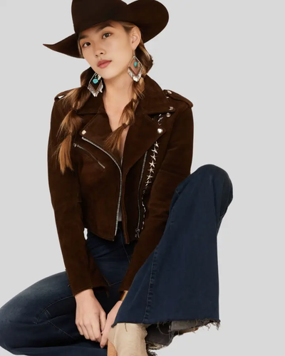 Western-style brown suede jacket with fringe details.