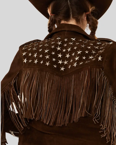 Back view of suede jacket with fringe and star studs.