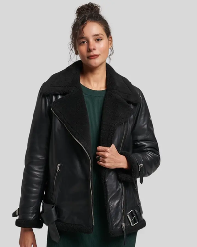 Hanna Black Biker Shearling Leather Jacket front view