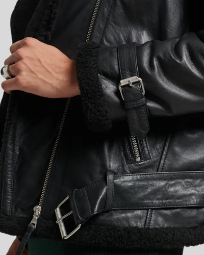 Detail of buckles on Hanna Black Biker Shearling Leather Jacket