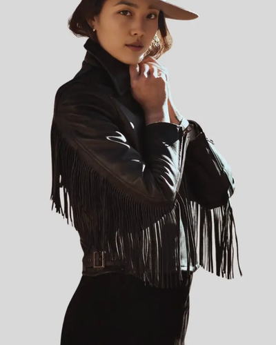 Natalia Black Fringes Racer Leather Jacket with bold fringe details