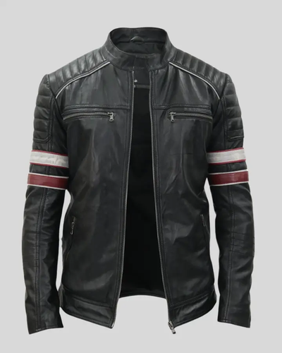 Wyatt Black Quilted Leather Racer Jacket on display