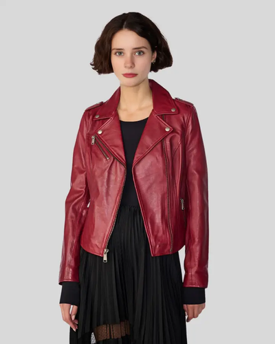 Aria Red Motorcycle Leather Jacket, front view with model