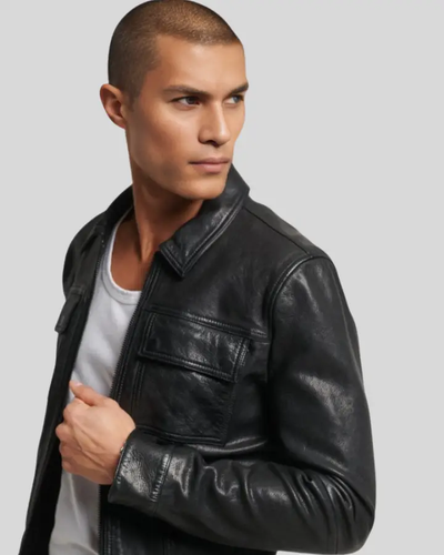 Close-up of Landon Black Racer Leather Jacket