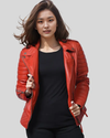 Aurora Red Biker Leather Jacket, front view