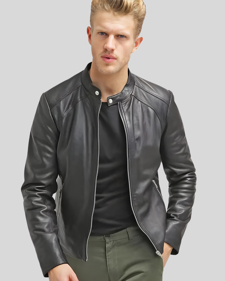 Black leather jacket slim fit sale