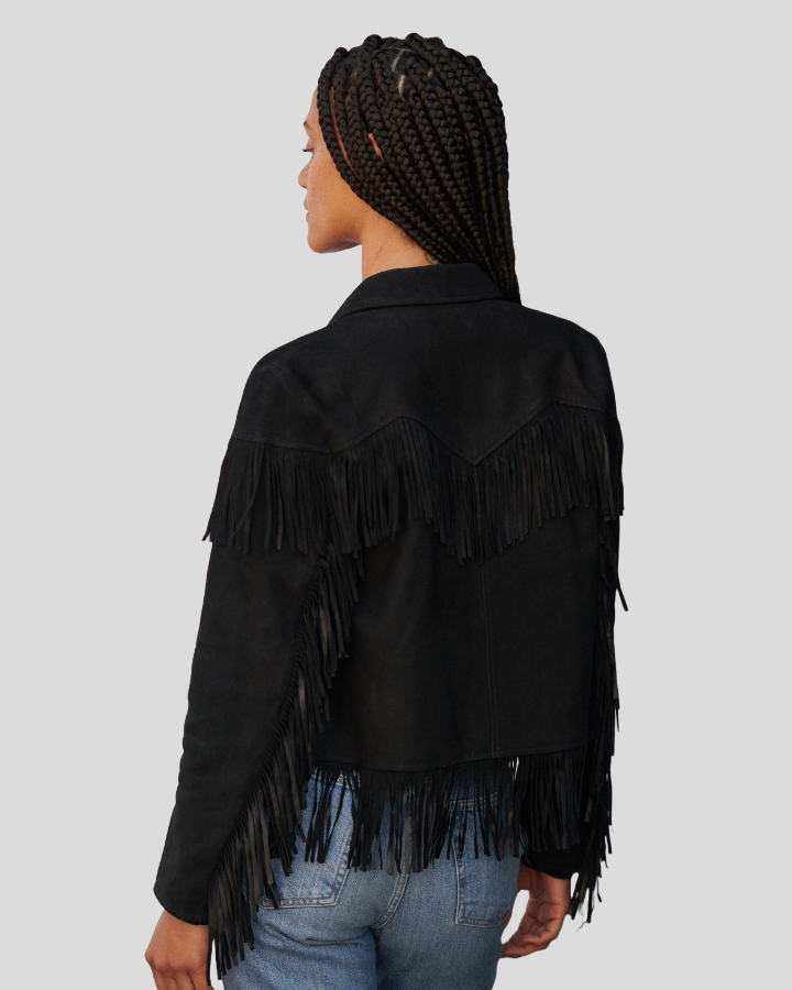 Boho Luxe Fringe Black Suede Jacket 1