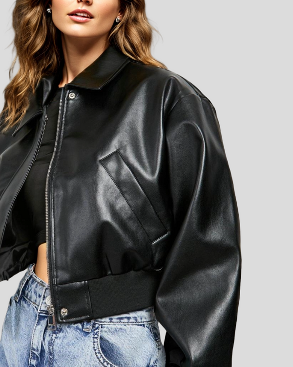 City Sleek Oversized Cropped Black Leather Bomber Jacket