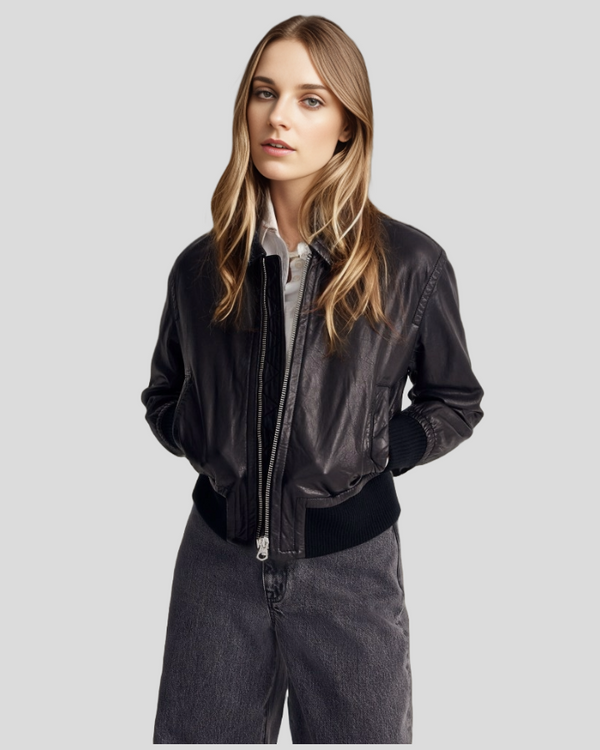 Women's Cropped Black Leather Bomber Jacket - NYC Leather 