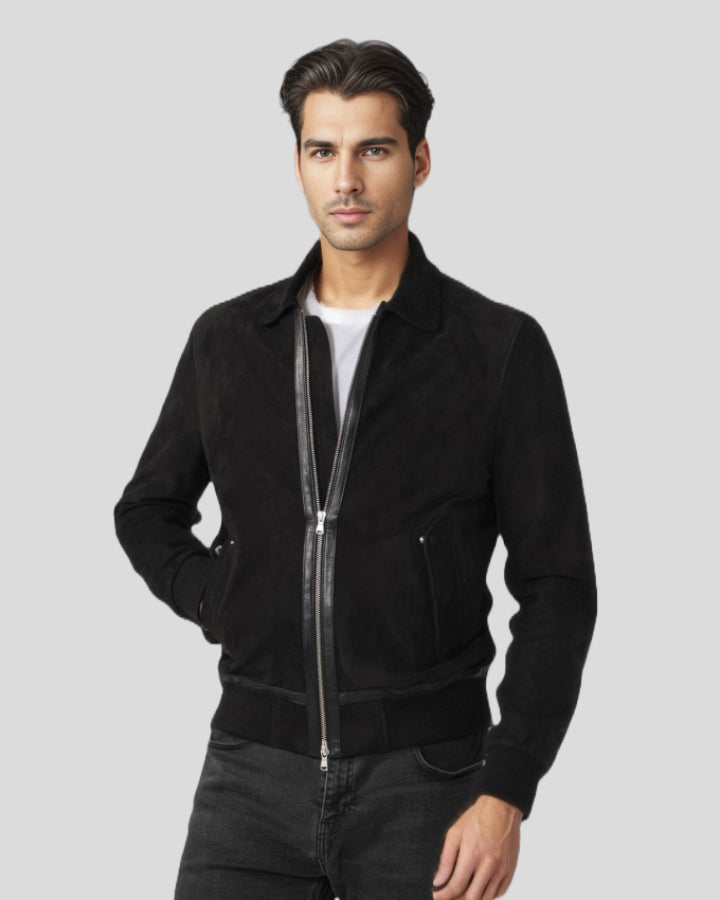 Men's Luxe Noir Black Suede Bomber Jacket with Shirt Collar - NYC