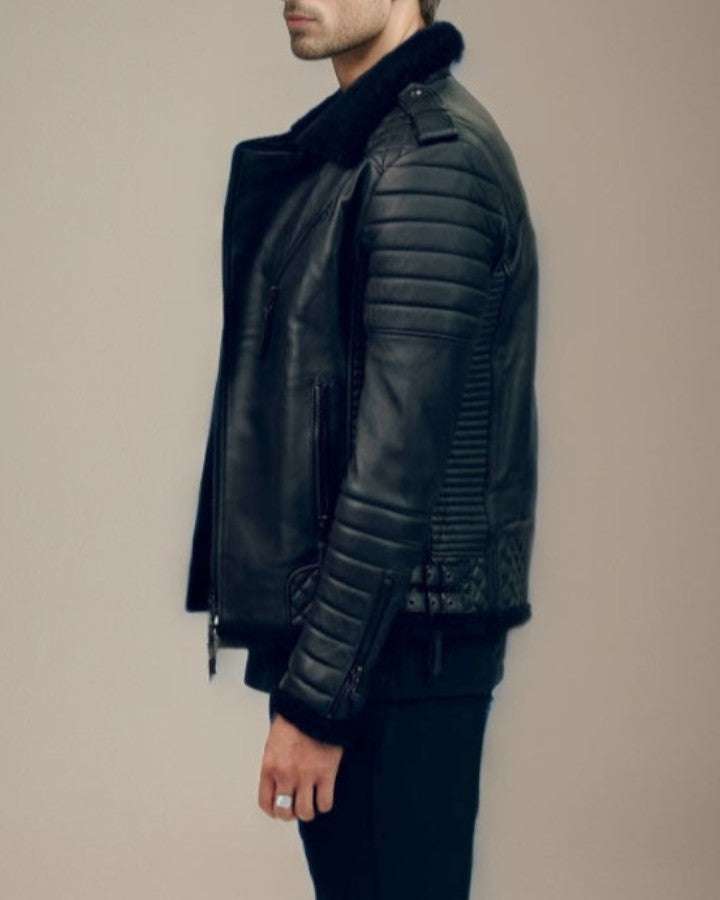 Front view of Arsalan Shearling Biker Leather Jacket