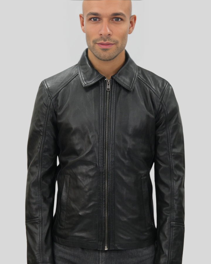 Miles black leather racer jacket front view