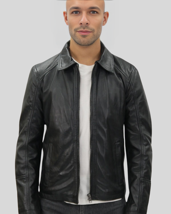 Miles black leather racer jacket front view