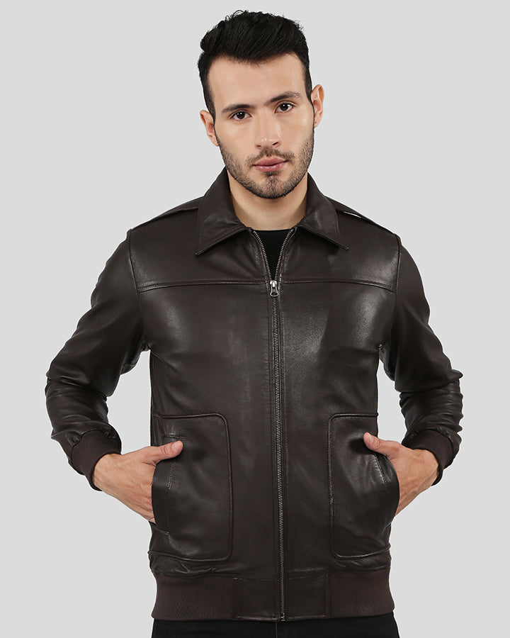 Men's Brown Bomber Leather Jacket with Rib Collar