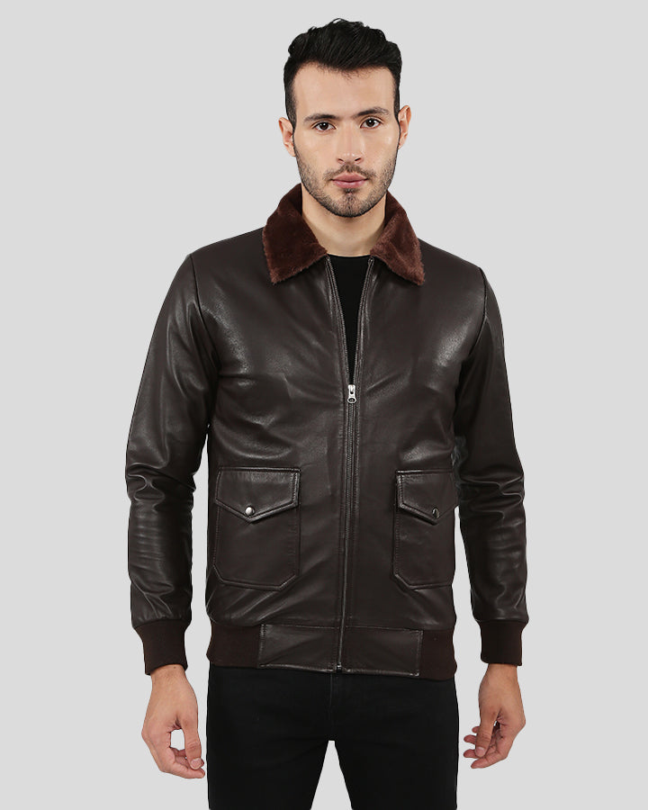 Mens Darius Brown Bomber Leather Jacket with Fur Collar - NYC Leather ...