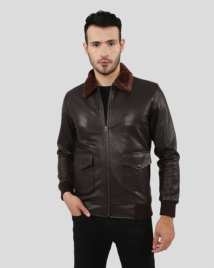 Mens Darius Brown Bomber Leather Jacket with Fur Collar - NYC Leather ...