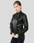 Annalise black leather racer jacket front view