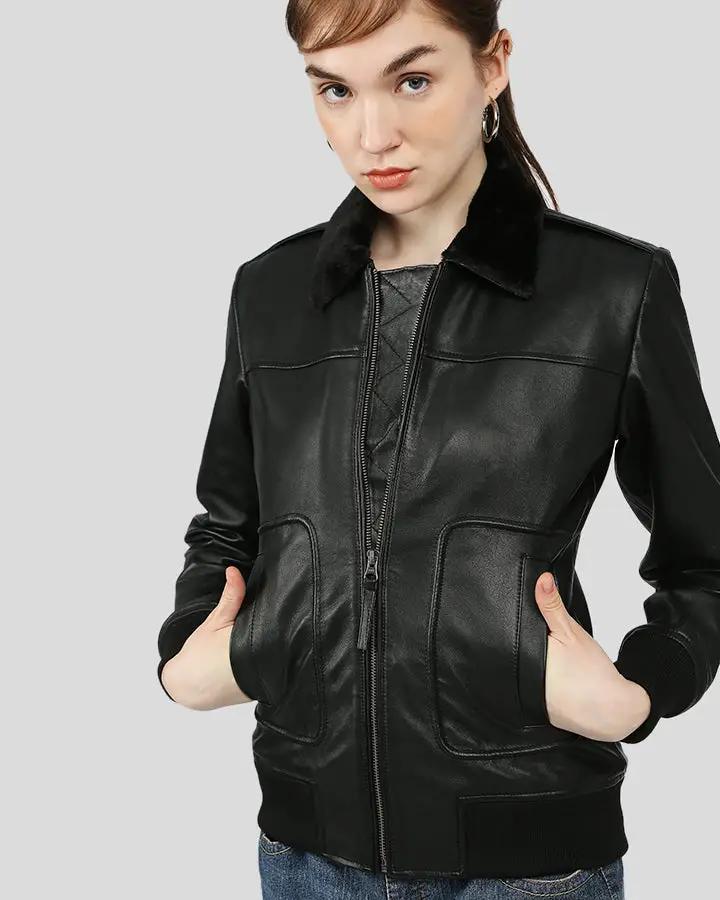 Womens Gemma Black Bomber Leather Jackets with Fur - NYC Leather