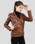 Brown biker leather jacket with zipper closure, front view