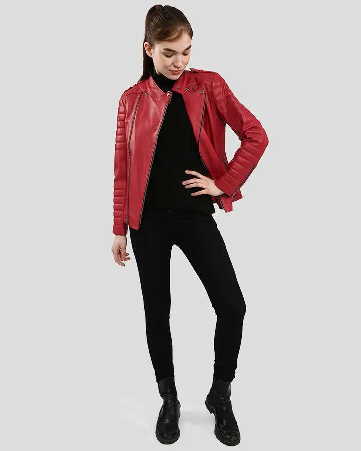 Christabel red quilted biker leather jacket front view