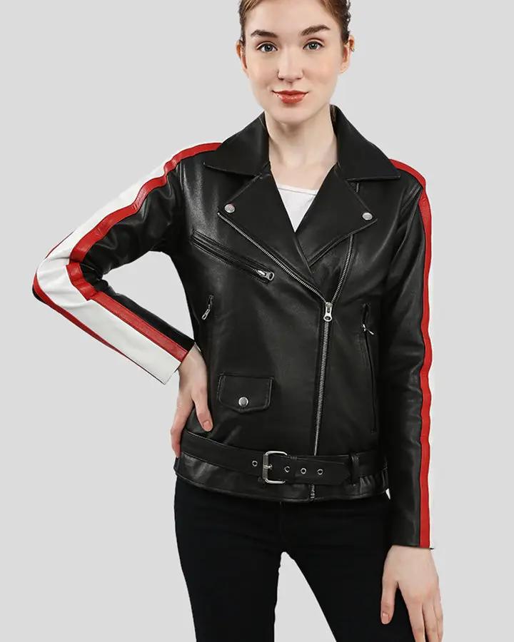 Zelda black biker leather jacket with red and white stripes