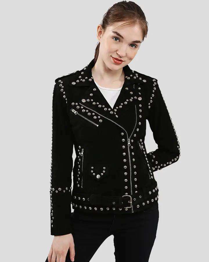 Front view of Danica Black Suede Studded Leather Jacket