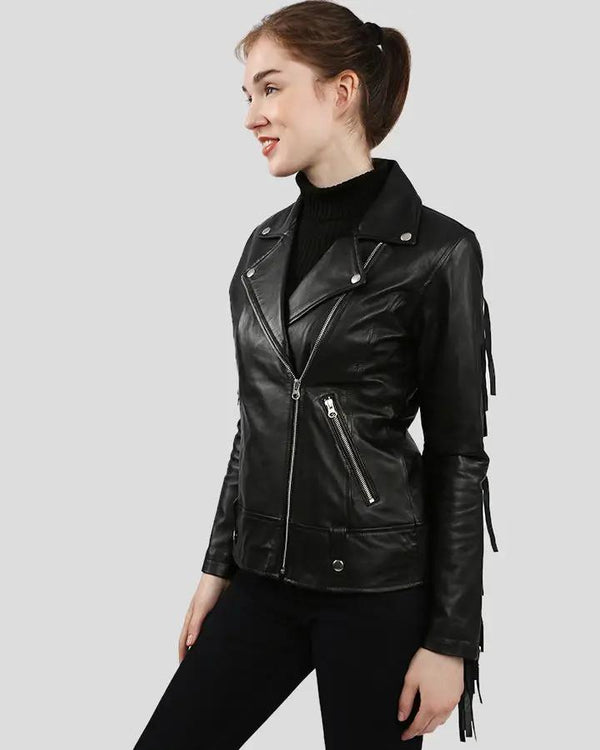 Womens Kiana Black Biker Fringes Leather Jacket - NYC Leather