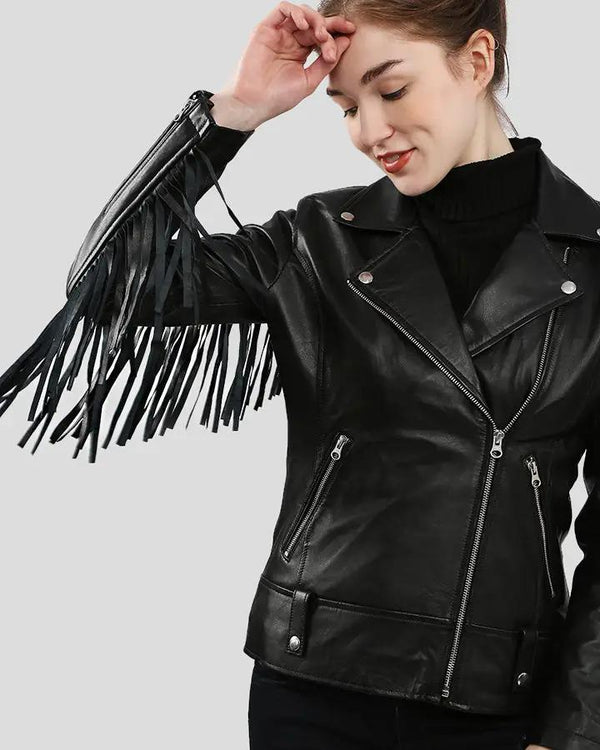 Womens Kiana Black Biker Fringes Leather Jacket - NYC Leather