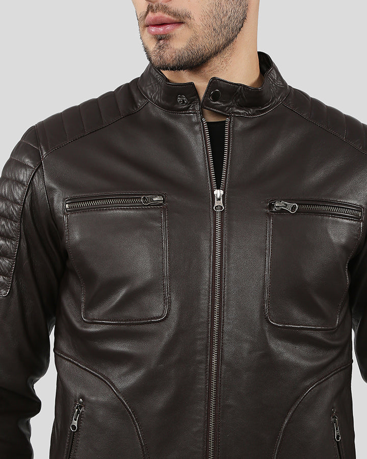 Men Astro Brown Racer Quilted Leather Jacket - Brown Leather Jackets - 100% Real Lambskin - NYCLeatherJackets