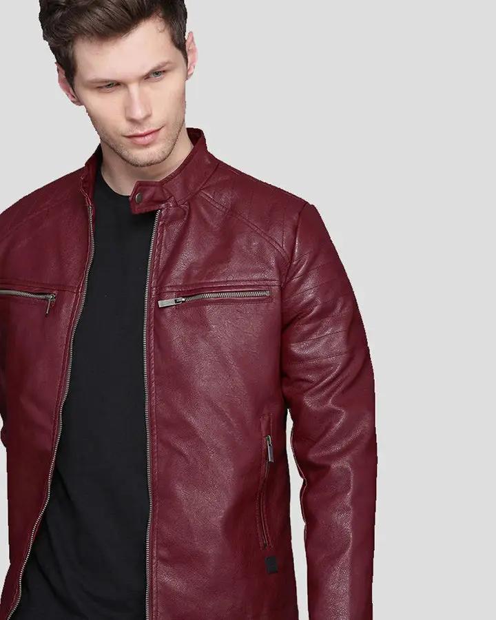 Men Red Maroon Rib Quilted Down Jacket - Leather Skin Shop