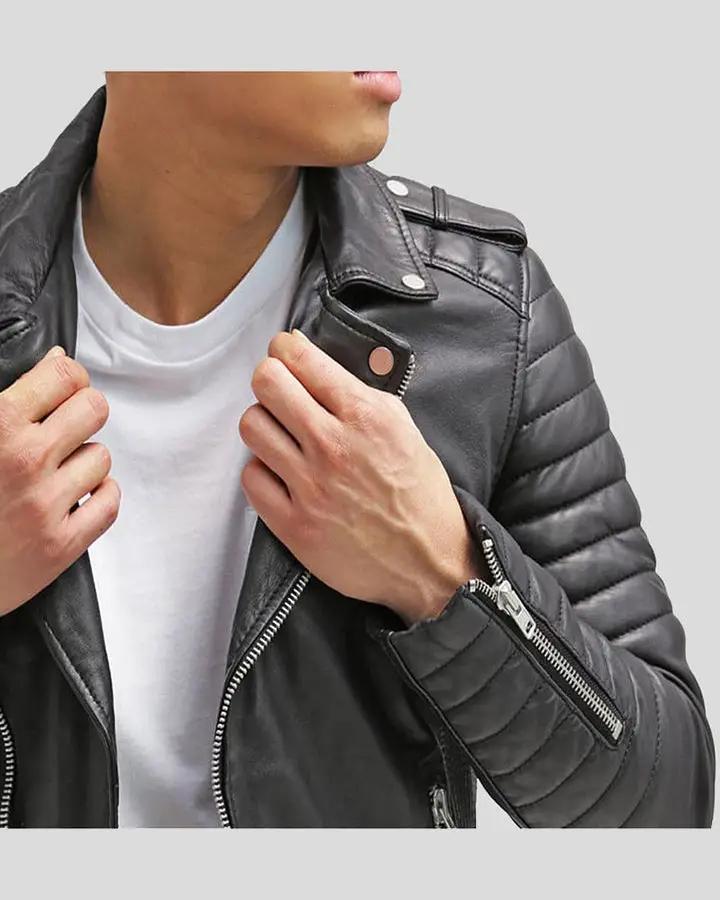 Unique Men's Real Leather Zipper Pockets Black Slim Fit Biker Jacket