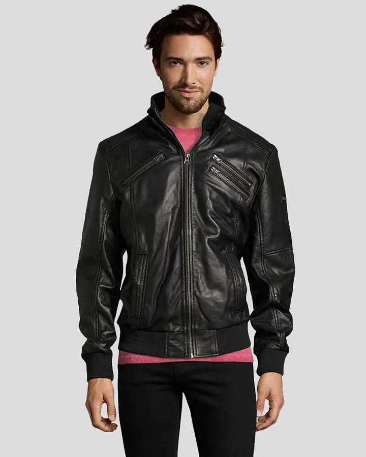 Men Fritz Black Bomber Leather Jacket, Medium - Men's Leather Jackets - 100% Real Leather - NYC Leather Jackets