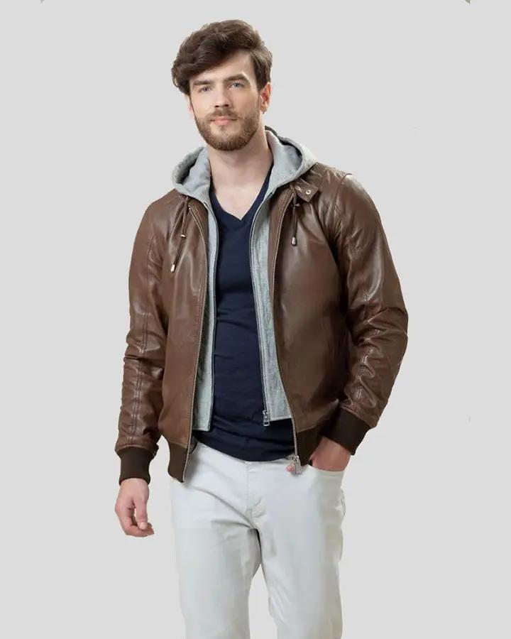 Men Marcel Brown Bomber Leather Jacket, Large - Men's Leather Jackets - 100% Real Leather - NYC Leather Jackets