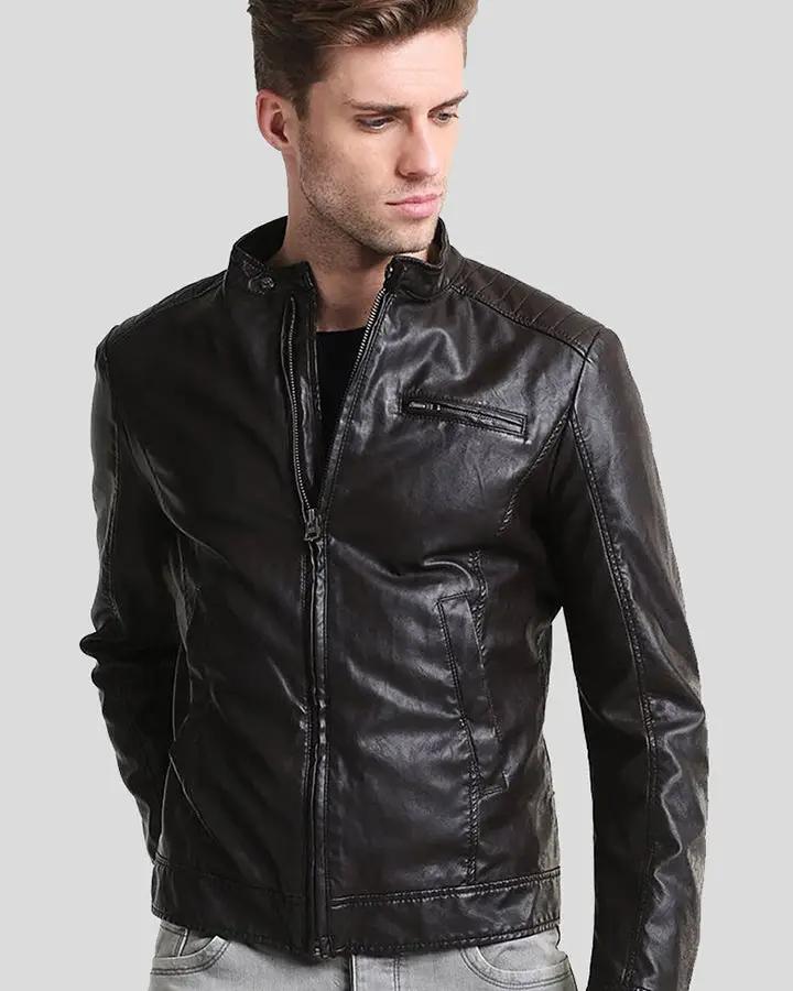 Mens Mark Black Cafe Racer Leather Jacket - Nyc Leather Jackets