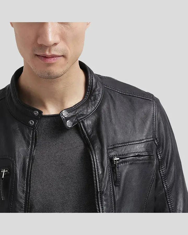 Men Everet Black Racer Leather Jacket, X-Large - Men's Leather Jackets - 100% Real Leather - NYC Leather Jackets