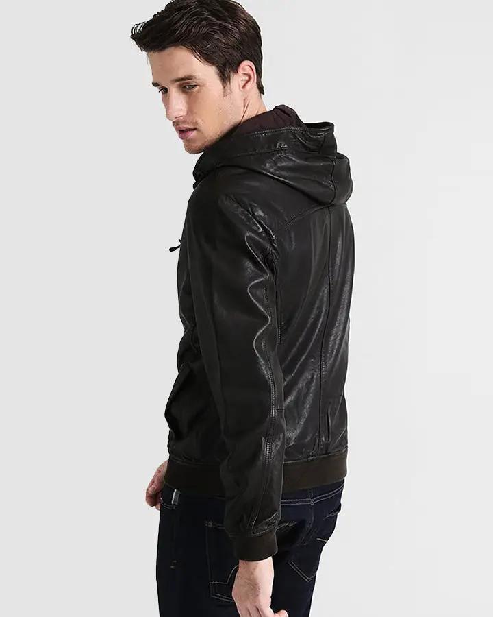 Chet Black Hooded Genuine Leather Jacket