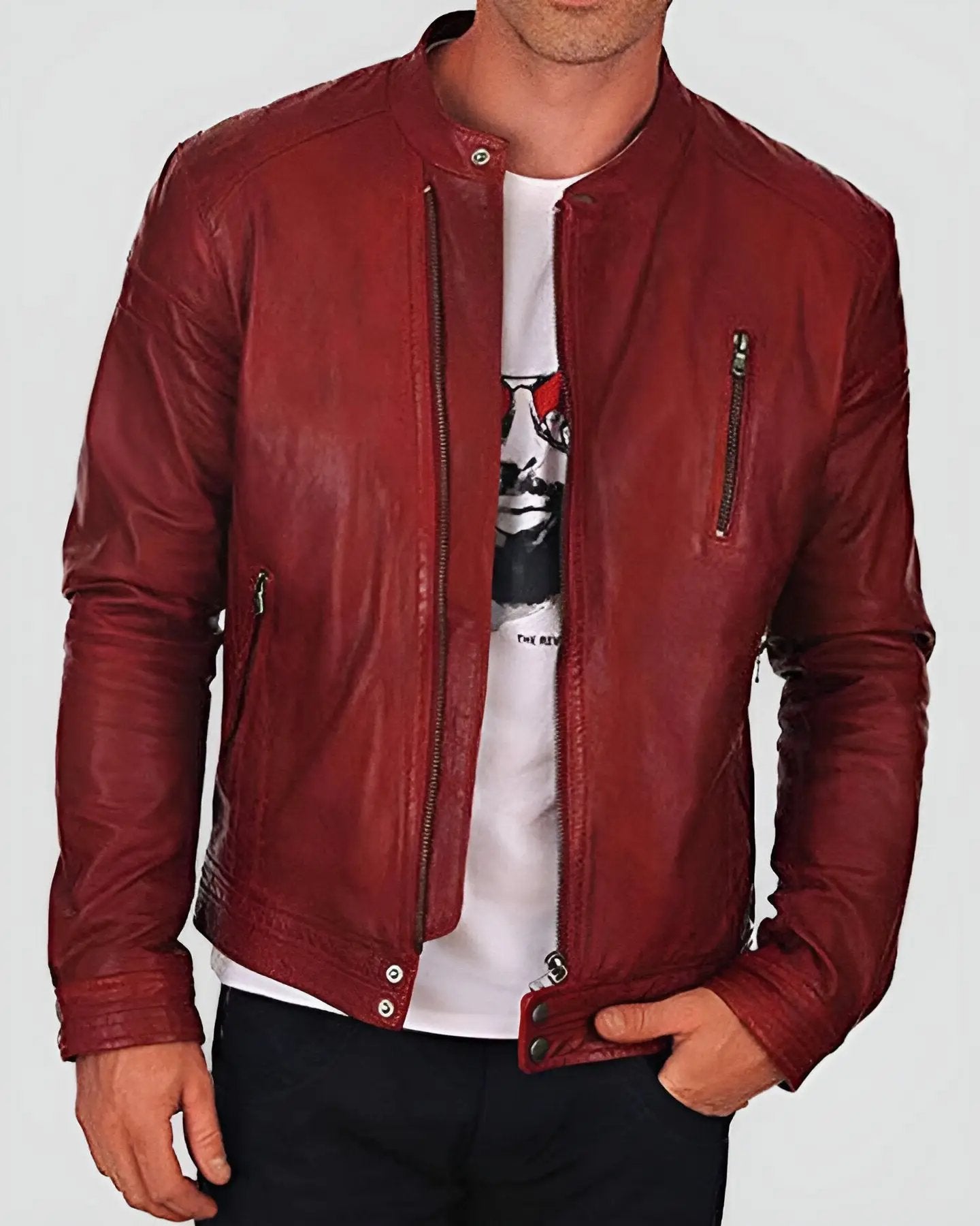 Mens Dominic Red Racer Leather Jacket - NYC Leather Jackets